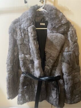 Vintage Rabbit Fur Wrap Coat – Wide Collar – Belted – Women’s M/L